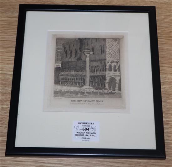 Walter Richard Sickert, RA, RBA, NEAS, (1860-1942) framed etching, The Lion of Saint Mark, Venice. 1915. (Bromberg 172) plate 18 x 26cm